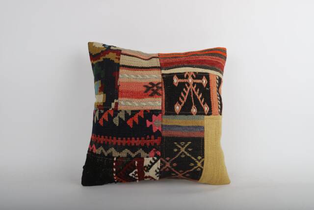 Vintage Turkish Kilim Pillow Cover 18''x18'' Handmade Wool Cushion - image 1