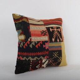 Vintage Turkish Kilim Pillow Cover 18''x18'' Handmade Wool Cushion - thumbnail 2