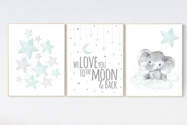 Mint Elephant Nursery Print Moon & Stars Wall Art - image 1