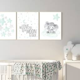 Mint Elephant Nursery Print Moon & Stars Wall Art - thumbnail 2