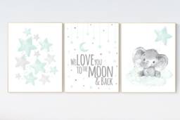 Mint Elephant Nursery Print Moon & Stars Wall Art - thumbnail 1