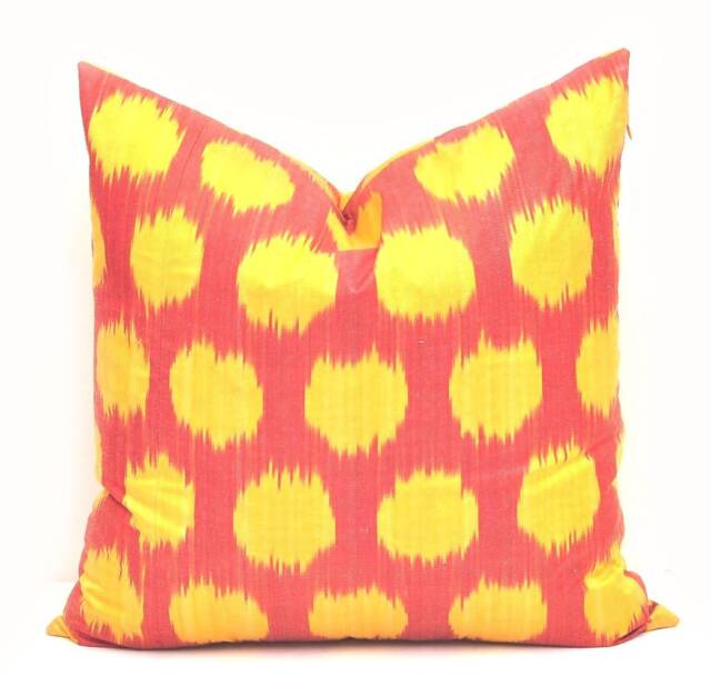 Red & Yellow Polka Dot Ikat Pillow, Handmade Cushion - 20x20 - image 1