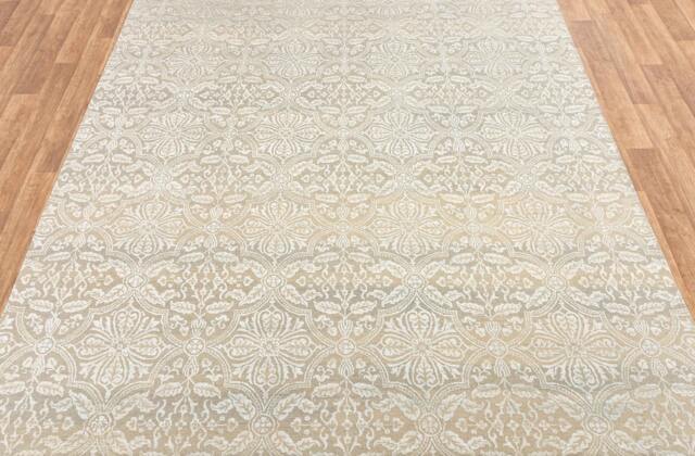 8x10 Rug Beige Flower Silver Aqua Handmade Wool Silk Transitional #7212 - 242x300 cms - image 1