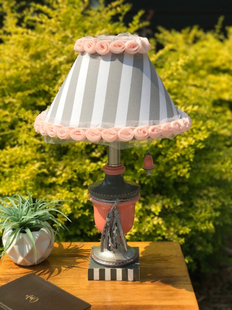 Lamp With Lampshade, Coral & Gray, Striped, Hand Painted, Baby Nursery Lamp, Girls Bedroom Lamp, Gray Coral Gray White Lamp - image 1