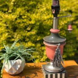 Lamp With Lampshade, Coral & Gray, Striped, Hand Painted, Baby Nursery Lamp, Girls Bedroom Lamp, Gray Coral Gray White Lamp - thumbnail 2