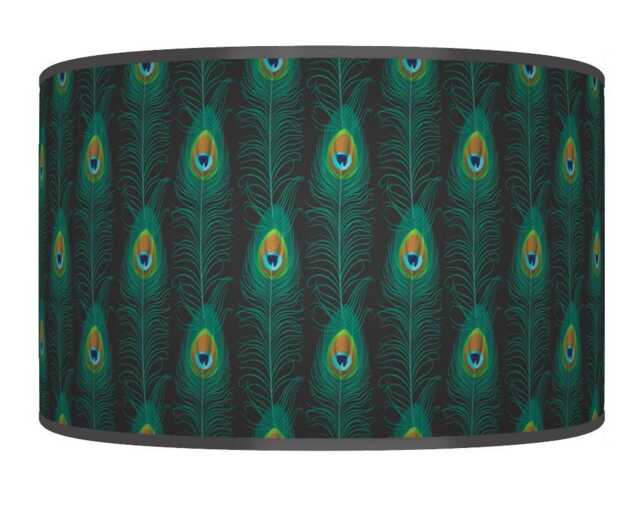 Peacock Feather Lampshade - Black & Green Drum Pendant Light Handmade Ceiling Shade For Boho Or Glam Home Decor - image 1