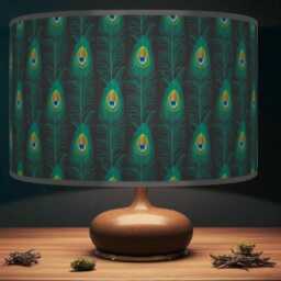 Peacock Feather Lampshade - Black & Green Drum Pendant Light Handmade Ceiling Shade For Boho Or Glam Home Decor - thumbnail 2
