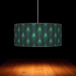 Peacock Feather Lampshade - Black & Green Drum Pendant Light Handmade Ceiling Shade For Boho Or Glam Home Decor - thumbnail 3