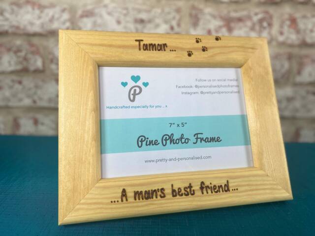 Man's Best Friend Personalised Wooden Photo Frame - Dog Cat Paw Prints Hand Engraved With Any Message 7x5 - image 1