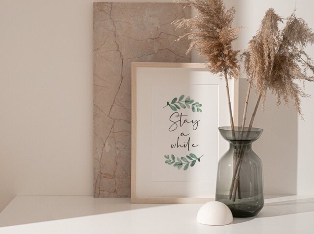 Stay A While Statement Print, A4 & A3 Available, Printed On Matte Finish Photo Paper. Interior Home Print With Eucalyptus - image 1