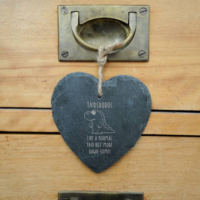 Taidsaurus, Natural Slate Heart Decoration, Fathers Day Gift, Dinosaur Wall Hanging, Gift For Taid, Welsh Grandad, Funny Home Decor - image 1