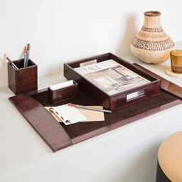 Personalised Brown Leather Deluxe Desk Set - Office & Business Stationary Retirement Gift 3rd Wedding Anniversary Present - thumbnail 2