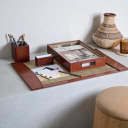Personalised Brown Leather Deluxe Desk Set - Office & Business Stationary Retirement Gift 3rd Wedding Anniversary Present - thumbnail 1