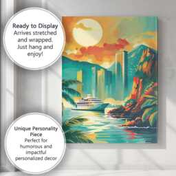 Modern Tropical Coastal City Cruise Ship Sunset Illustration Canvas Wall Art Print Decor Picture Ready To Hang - thumbnail 3