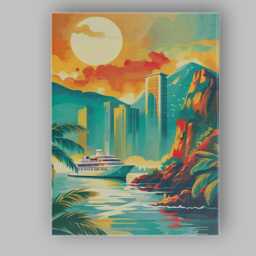 Modern Tropical Coastal City Cruise Ship Sunset Illustration Canvas Wall Art Print Decor Picture Ready To Hang - thumbnail 1
