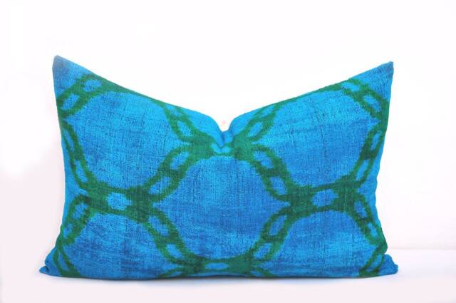 Blue Velvet Ikat Pillow Cover, Handmade Silk Cushion - image 1