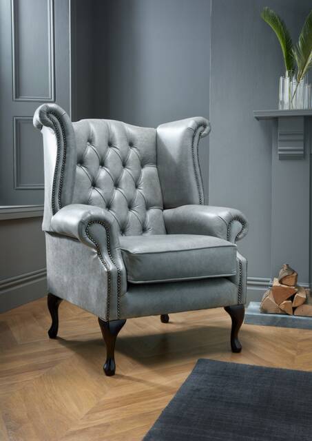 Chesterfield High Back Queen Anne Wing Chair in Italian Grey Leather - image 1