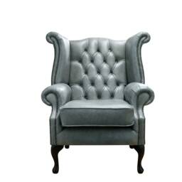Chesterfield High Back Queen Anne Wing Chair in Italian Grey Leather - thumbnail 4