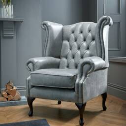 Chesterfield High Back Queen Anne Wing Chair in Italian Grey Leather - thumbnail 3
