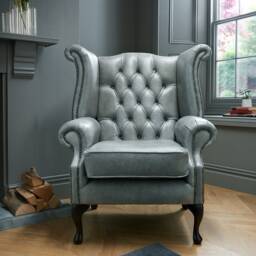 Chesterfield High Back Queen Anne Wing Chair in Italian Grey Leather - thumbnail 2