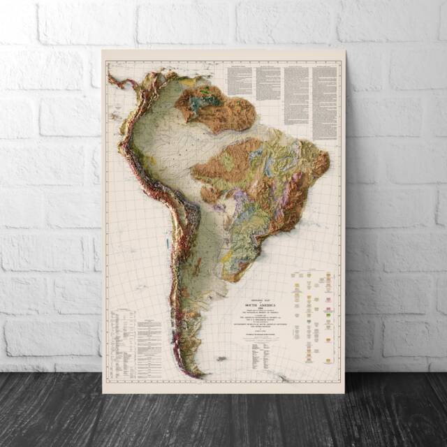 South America Geological Map - Elevation 1950 2D Vintage Poster Brazil Argentna Colombia Guyana Paraguay Venezuala - image 1