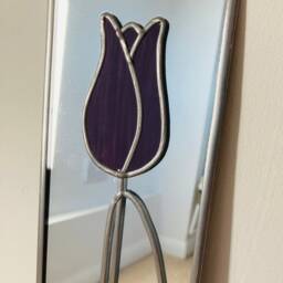 New - Tulip 9 in Purple 10x40cms Design Rennie Mackintosh Style Stained Glass Effect Mirror Handmade Gift Wall Catfish Glass Art Nouveau - thumbnail 2