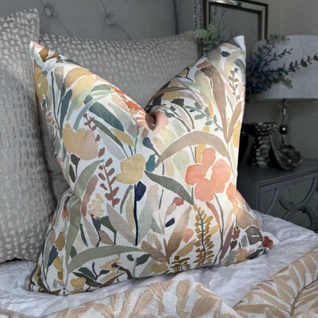 Floral Cushion Cover, Botanical Pillow Sham, Neutral Beige Green Flowers Leaves, Designer Cotton Fabric, Decorative Home