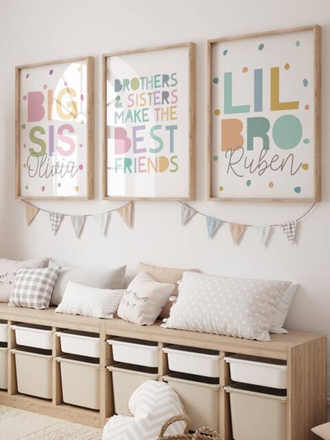 3 Playroom Prints, Brother & Sister Rainbow Wall Art, Colourful Playroom, Siblings Prints - image 1