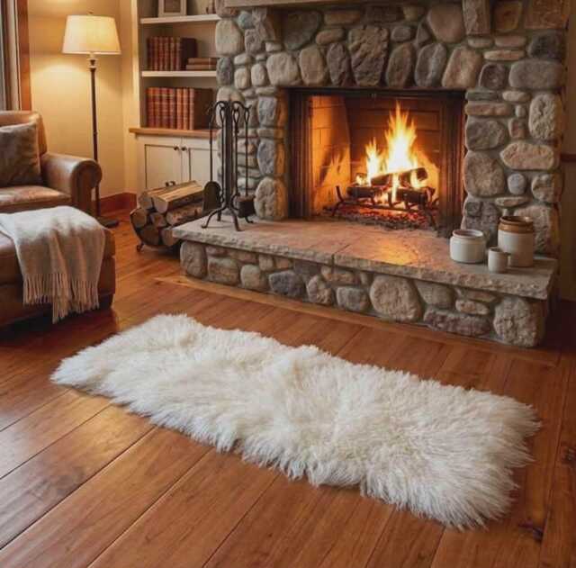 Mongolian Sheepskin Rug - Tibetan Style, Stone Or Ivory Approx - 120cm X 60cm - image 1