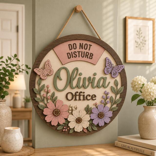 Custom Floral Office Door Sign, Personalized Name Do Not Disturb Hanger, Wooden Decor, Butterfly Flower Wall Teacher Gift - image 1