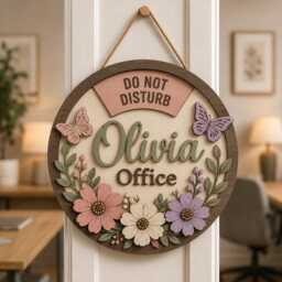 Custom Floral Office Door Sign, Personalized Name Do Not Disturb Hanger, Wooden Decor, Butterfly Flower Wall Teacher Gift - thumbnail 4