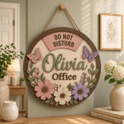 Custom Floral Office Door Sign, Personalized Name Do Not Disturb Hanger, Wooden Decor, Butterfly Flower Wall Teacher Gift - thumbnail 1