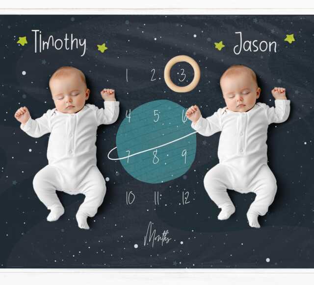 Twin Boys Milestone Blanket Space Themed Baby Monthly Growth Blanket - image 1
