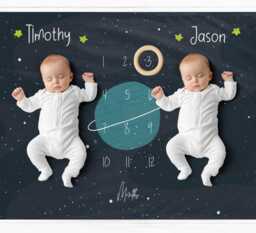 Twin Boys Milestone Blanket Space Themed Baby Monthly Growth Blanket - thumbnail 1