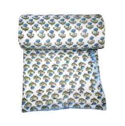 King Size Block Print Cotton Quilt Handmade Floral Bedspread - 90x108 Hand Quilt