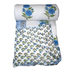 King Size Block Print Cotton Quilt Handmade Floral Bedspread - 90x108 Hand Quilt - thumbnail 3