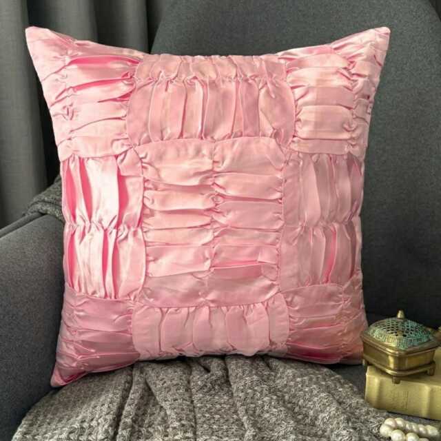 Soft Pink Satin Ruched Textured, Solid Pattern, Contemporary Throw Pillow Cover/Euro Sham - Dreamy - image 1