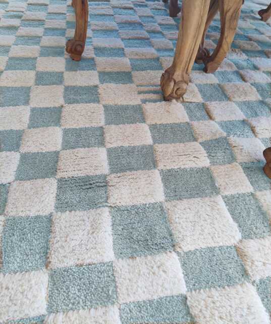 Custom Wool Moroccan Checkered Rug, Blue & White - image 1