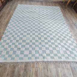 Custom Wool Moroccan Checkered Rug, Blue & White - thumbnail 2