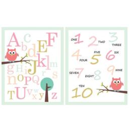 Set Of Two Abc & Numbers Poster Print in Peach Mint Gold- Owl On Branch - Nursery Wall Decor -11x14 - thumbnail 1