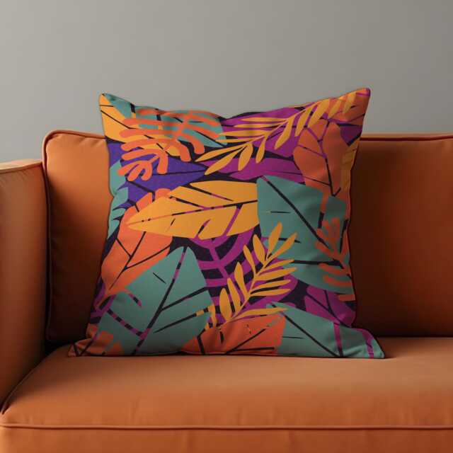 Tropical Leaf Cushion Cover, Bold Purple, Orange & Green Botanical Print Pillow Case, Modern Geometric Living Room Decor, Retro Boho Throw - image 1
