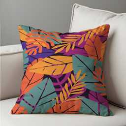 Tropical Leaf Cushion Cover, Bold Purple, Orange & Green Botanical Print Pillow Case, Modern Geometric Living Room Decor, Retro Boho Throw - thumbnail 4