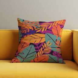 Tropical Leaf Cushion Cover, Bold Purple, Orange & Green Botanical Print Pillow Case, Modern Geometric Living Room Decor, Retro Boho Throw - thumbnail 2