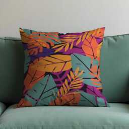 Tropical Leaf Cushion Cover, Bold Purple, Orange & Green Botanical Print Pillow Case, Modern Geometric Living Room Decor, Retro Boho Throw - thumbnail 3