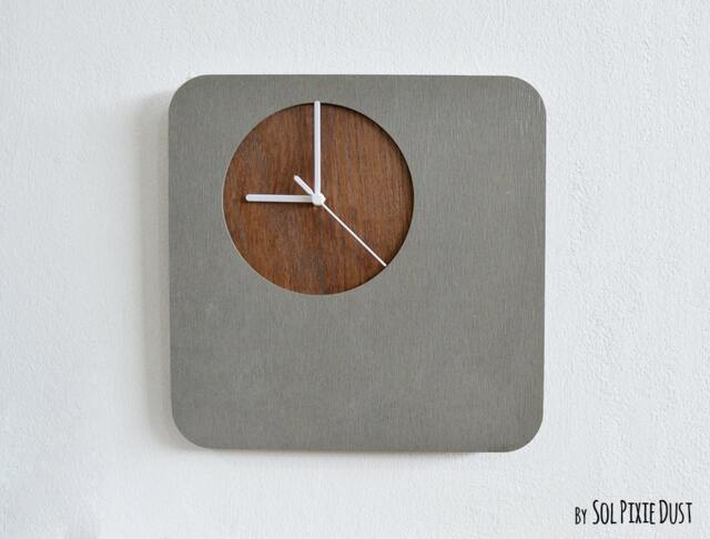 Concrete Wall Clock With Wooden Hole - Modern Home Deco Minimalist Art Housewarming Gift Anniversary Wedding - image 1
