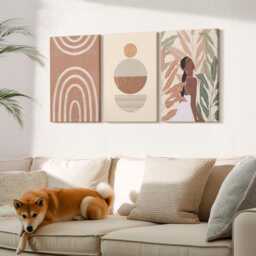 Canvas Art Set Of 3 - Stylish Patterns With Plant Motifs & Geometric Shapes, Brown Print On Canvas, Abstract Wall Decor - thumbnail 2