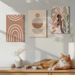 Canvas Art Set Of 3 - Stylish Patterns With Plant Motifs & Geometric Shapes, Brown Print On Canvas, Abstract Wall Decor - thumbnail 1