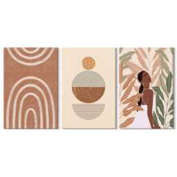 Canvas Art Set Of 3 - Stylish Patterns With Plant Motifs & Geometric Shapes, Brown Print On Canvas, Abstract Wall Decor - thumbnail 3