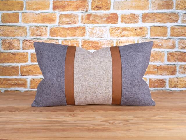 Color Block Lumbar Pillow Cover Gray, Tan, & Cognac Faux Leather - image 1