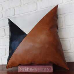 Color Block Faux Leather Pillow Cover Cognac, Black & White - thumbnail 3